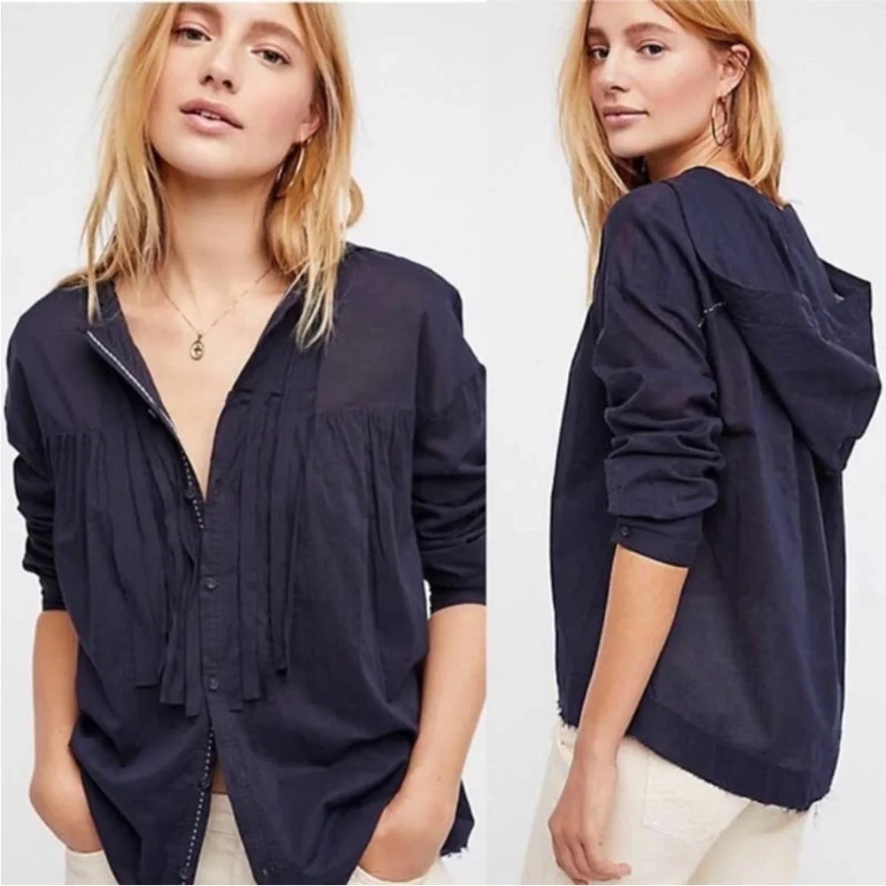 Free People Breezy Hooded Buttondown Top- 100% Cotton- M-2X